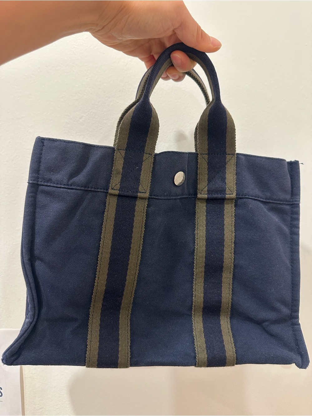 Hermes Navy Canvas Tote with Olive-Trim Straps